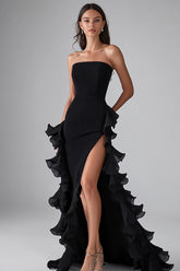 Schwarzes Elegantes Langes Ballkleid mit Rüschen und Schlitz